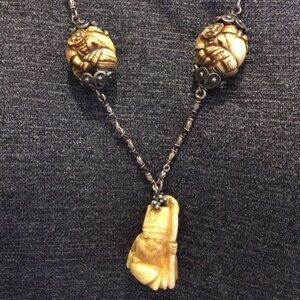 💛Vintage Old Carved OJIME Beaded oriental man men beads necklace MING DYNESTY